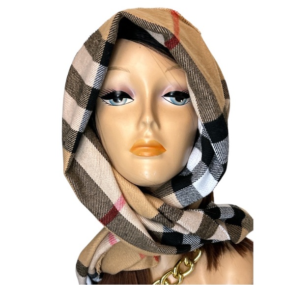 Tartan Plaid Scarf with fringe oblong 100% acrylic. tan white black 70 X 13 new - Picture 4 of 11
